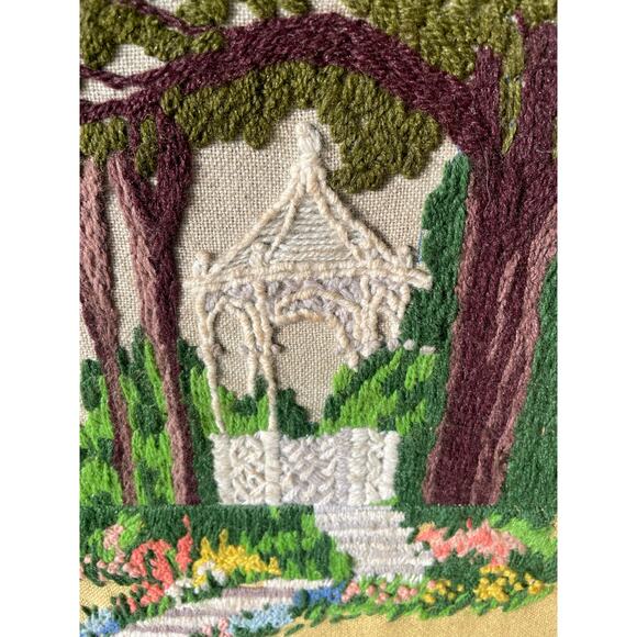 Vtg Framed Crewel Embroidery Springtime Gazebo Needlepoint Floral Grandmacore - Picture 2 of 16